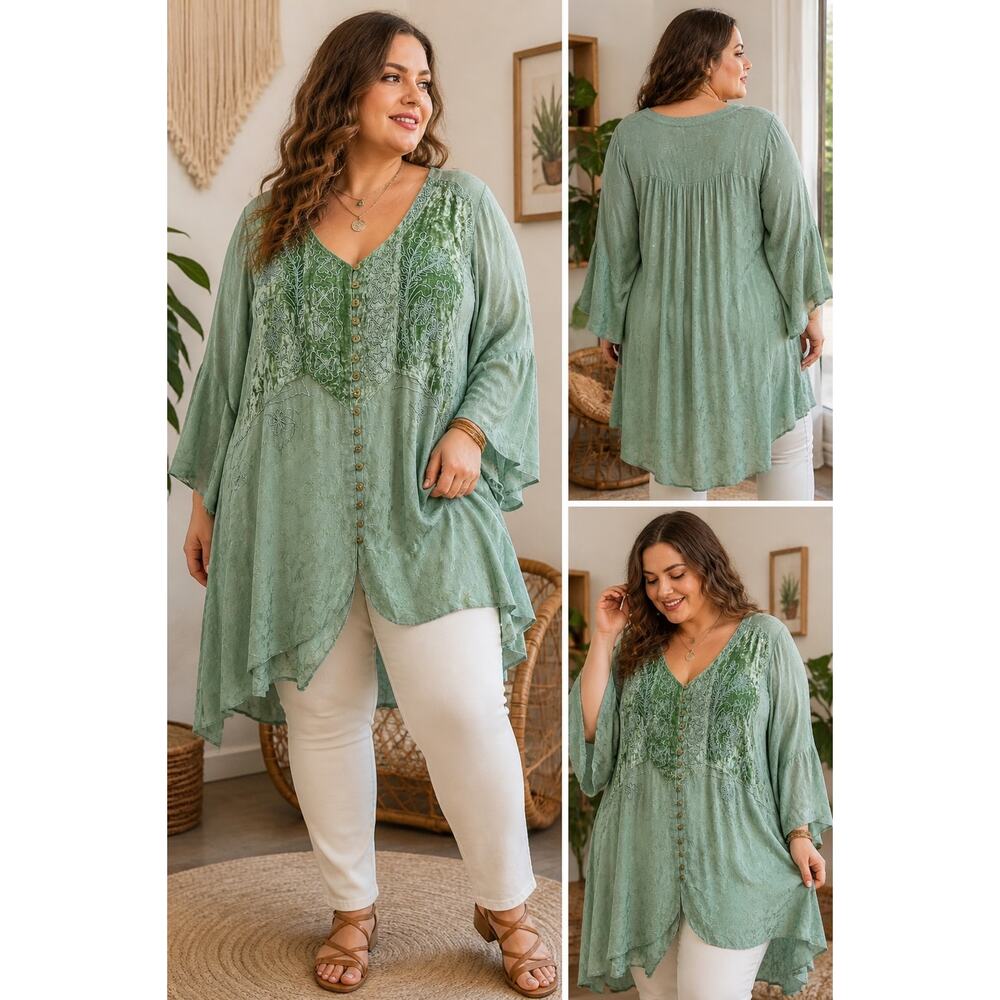 HolyClothing 5X Green Embroidered Boho Tunic Dress Plus Size Velvet Detail Top